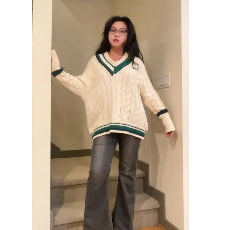 版型绝！立体纹理毛衣 ！V领麻花针织oversize美式休闲感全尺码女装