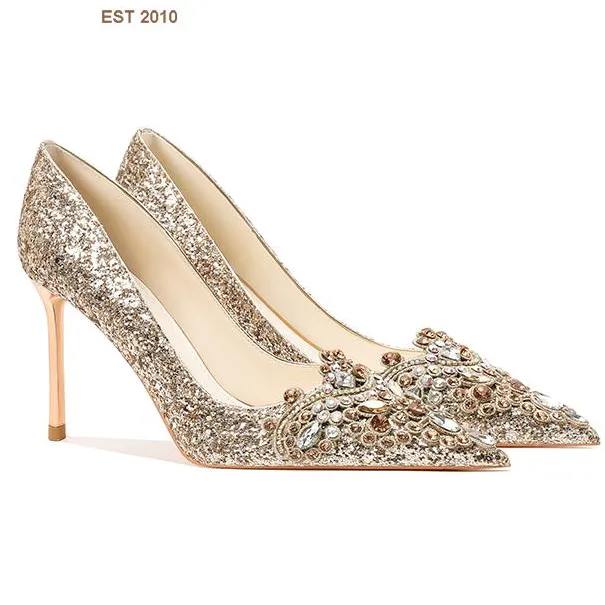 苏小茵水钻婚鞋女RC秀禾鞋新款水晶金色中式新娘鞋细跟高跟鞋两穿