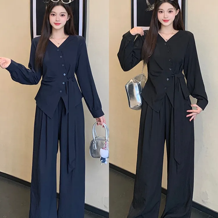 2025秋装新款胖mm大码女休闲气质V领绑带衬衫上衣阔腿裤套装23089