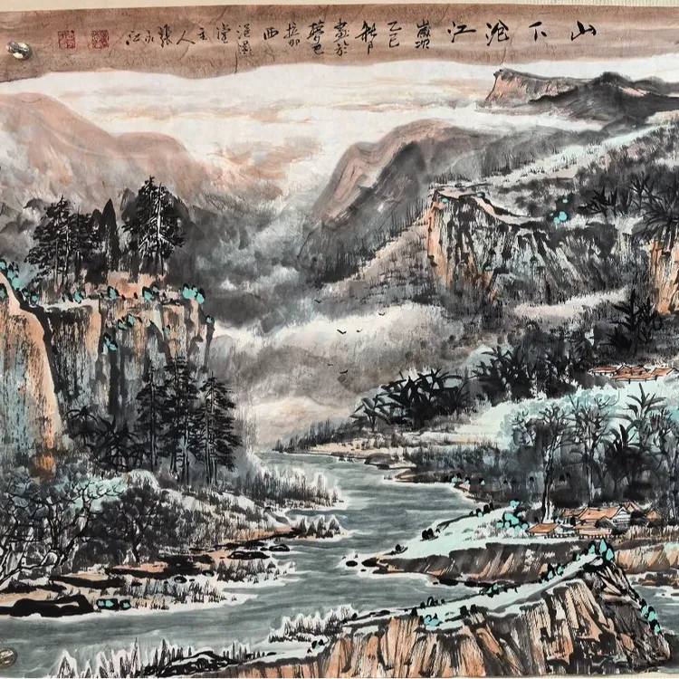 新中式国画山下沧江客厅沙发装饰国画