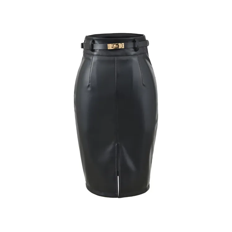 琳与墨黑色pu皮半身裙女高腰显瘦气质送腰带中长款前开叉包臀裙