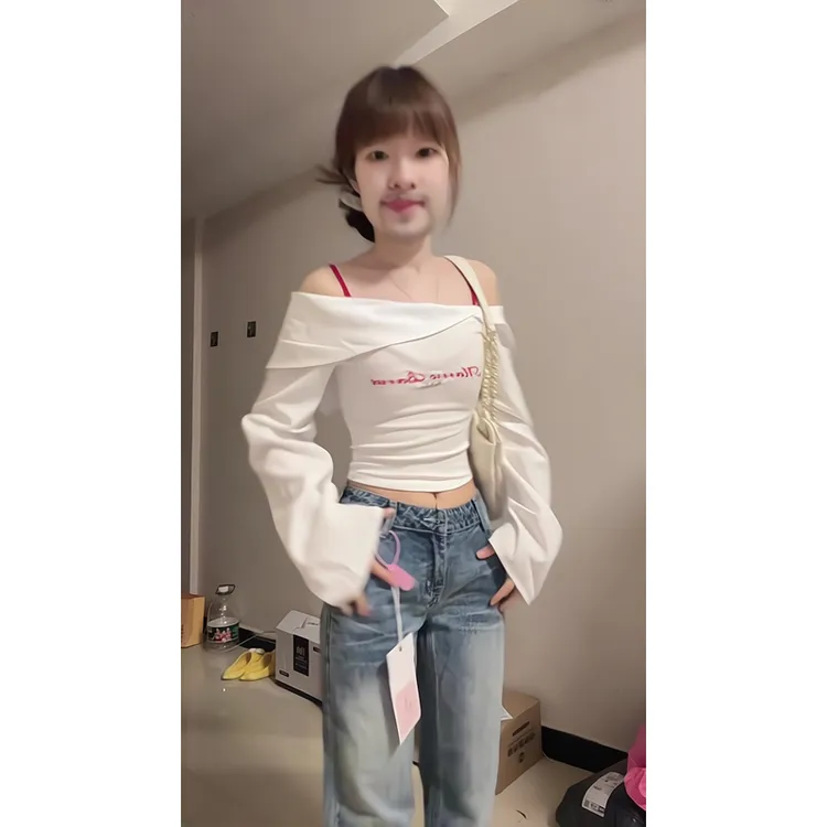 灯笼袖白色衬衫修身一字肩上衣复古微喇牛仔裤高腰显瘦直筒长裤子