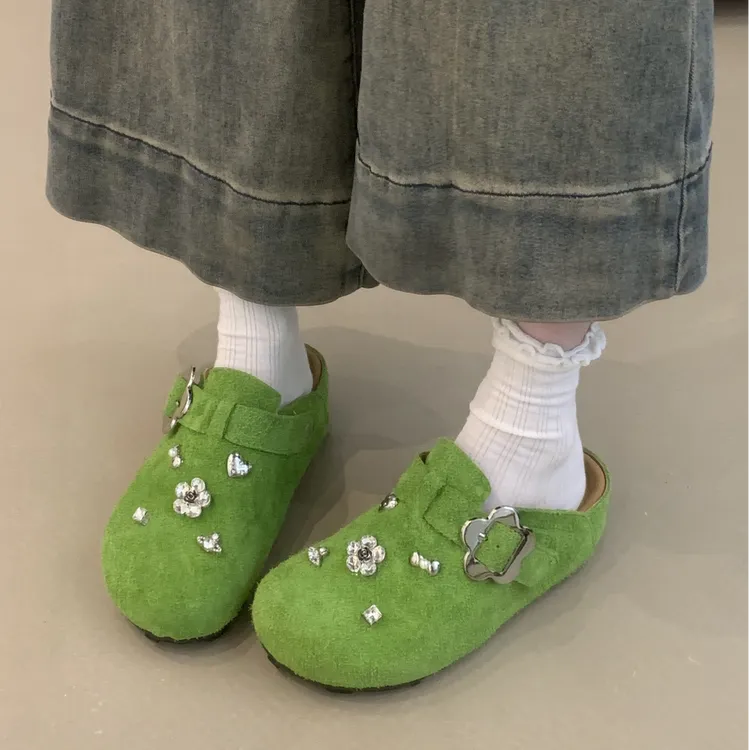 YLC-7882增高勃肯鞋女2025年秋冬新款复古磨砂水钻懒人拖鞋潮