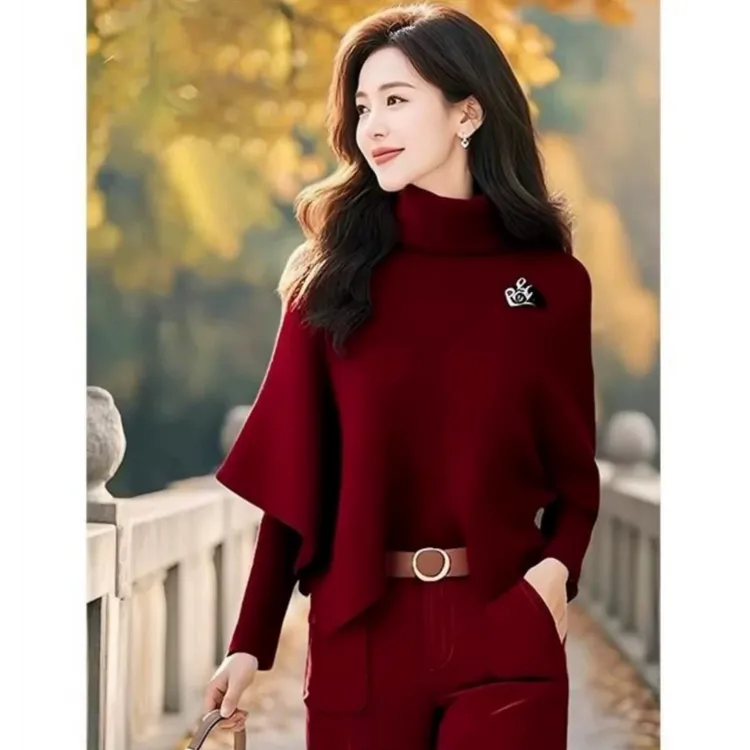 新年战袍氛围感冬季穿搭一整套装红色假两件高领毛衣休闲裤两件套