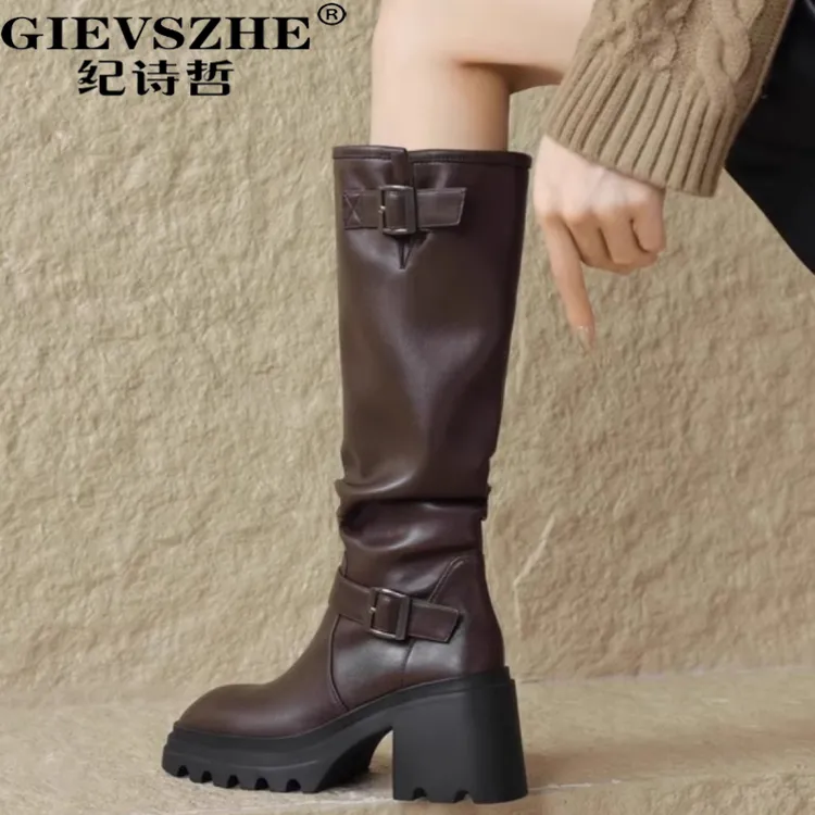 纪诗哲女靴复古英伦风时装靴女秋冬新款时尚潮流百搭长筒靴女款