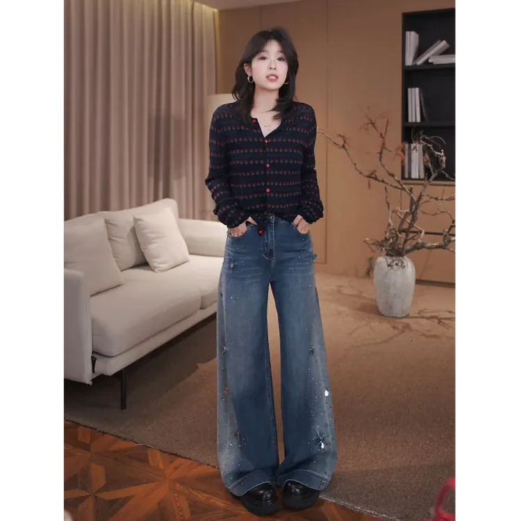 广州琴姐【霓虹星河】琥珀流光风设计感重工高腰直筒牛仔裤女秋0190