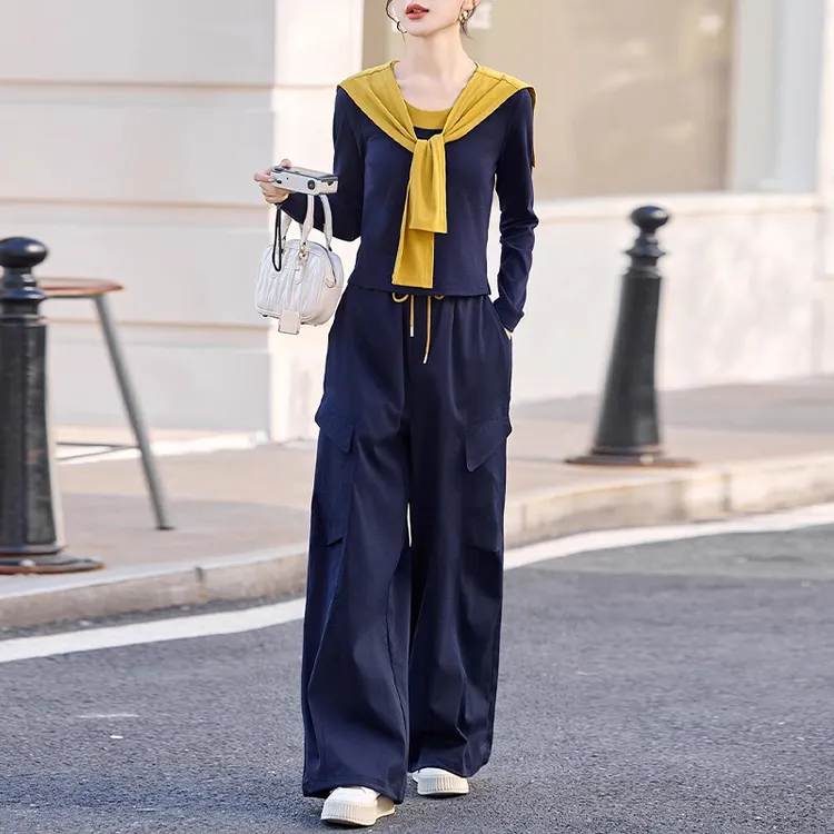 拉夏贝尔时尚休闲工装裤套装女2025秋季长袖打底衫披肩长裤三件套