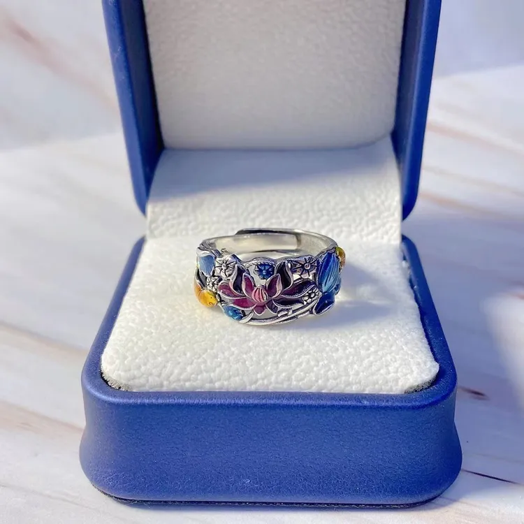  莲花鲤鱼镂空戒指民族风复古做旧简约时尚百搭指环