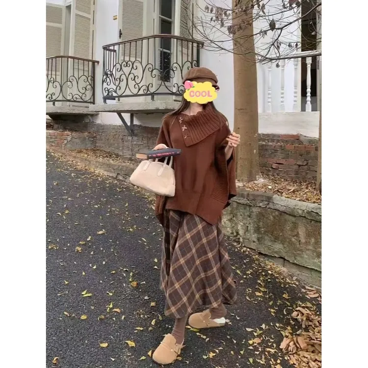 【大菜小肥打版】大码不规则斗篷针织衫毛衣复古格纹半身裙套装