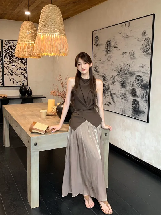 裙子套装夏季女装韩系穿搭高级感气质时尚显瘦开叉无袖上衣半身裙