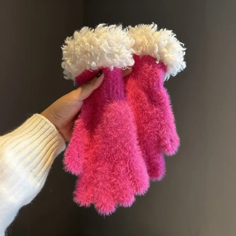 毛绒边手套女冬新款韩版针织保暖骑车五指分开可触屏防风