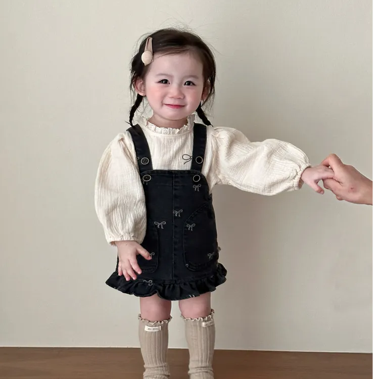 女童背带裙套装2025新款春季女宝秋装长袖娃娃衫洋气牛仔裙两件套