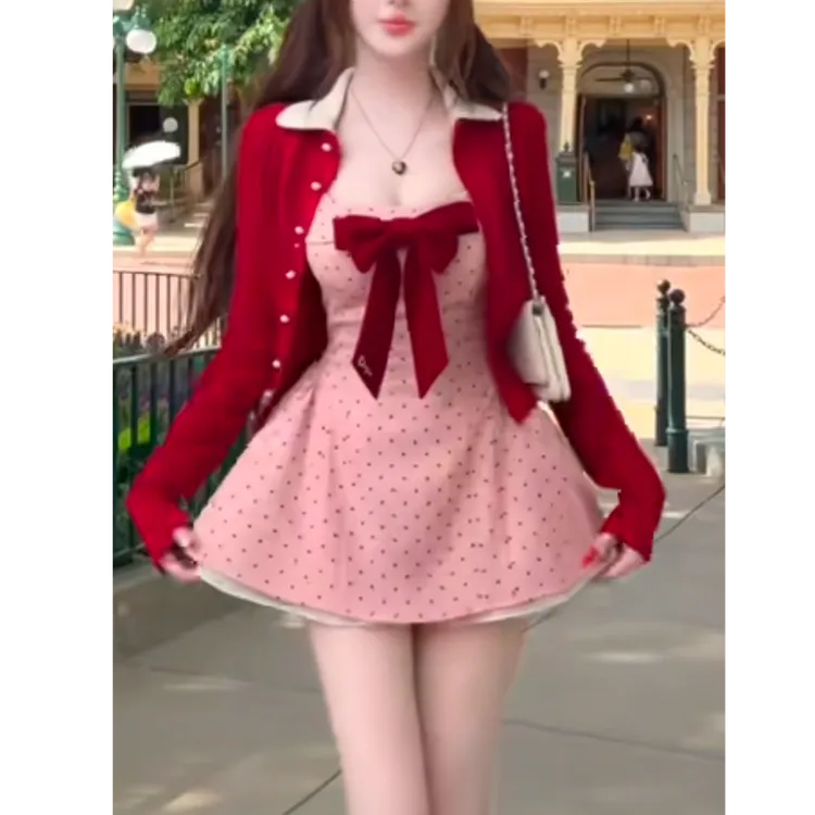 在逃公主 秋款出游新款波点吊带连衣裙+针织开衫两件套甜美纯欲风