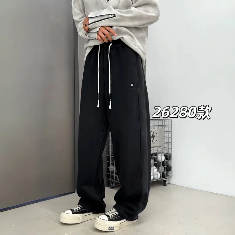 秋季新款水洗渐变做旧休闲抽绳卫裤男士宽松拼接设计直筒运动长裤