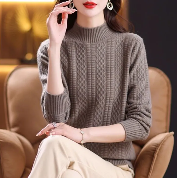 鄂尔多斯市2025秋冬款100%羊绒衫半高领针织女宽松毛衣打底衫加厚