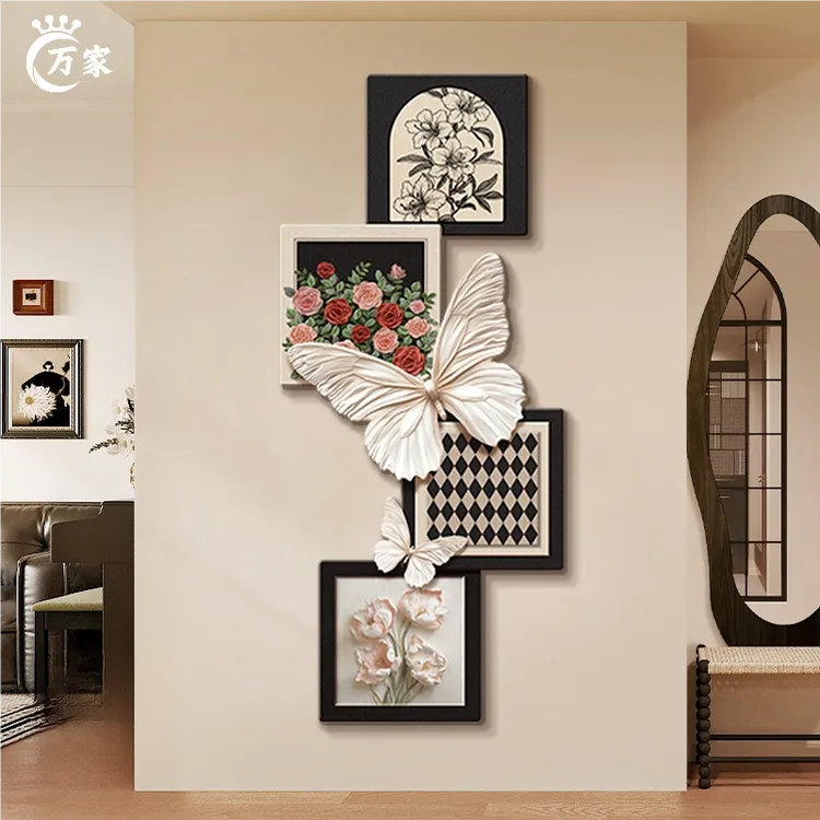 法式中古风入户玄关装饰画玫瑰蝴蝶壁灯客厅挂画复古走廊玄关画