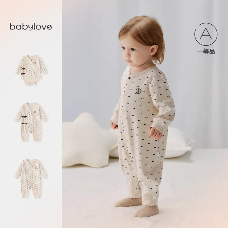 babylove婴儿连体衣春秋季纯棉哈衣爬服男女宝宝波点衣服婴儿衣服