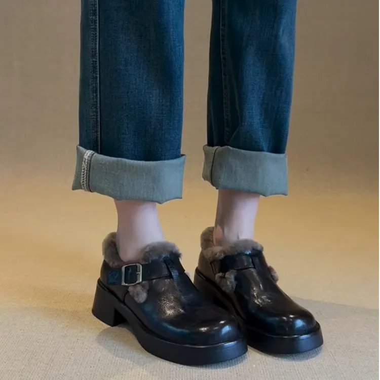 羊皮版~勃肯鞋女秋冬真皮厚底博肯雪地靴加绒棉鞋皮鞋保暖毛毛鞋