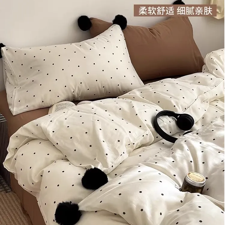韩版球球波点全棉四件套纯棉双层纱被套床单三件套单双人床上用品