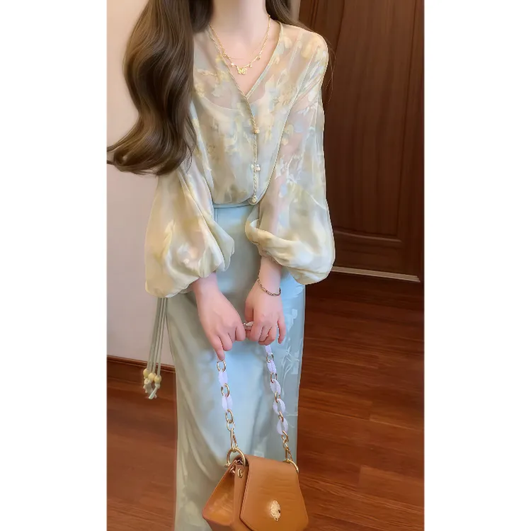 【摇花慢】新中式国风氛围感剪花衬衫&高腰提花半身裙套装裙9193