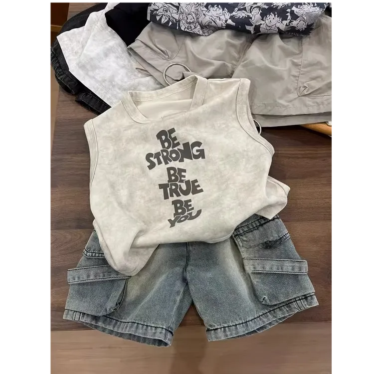 【现货】男童夏装套装2025新款儿童无袖t恤洋气宽松工装裤短裤韩范