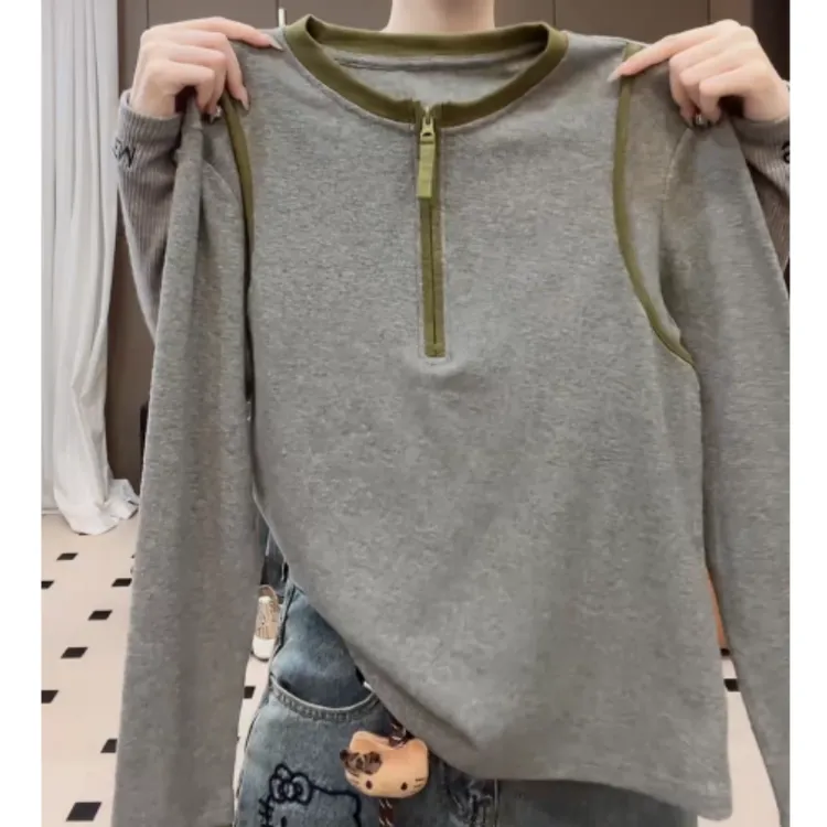 【落日余晖】撞色半拉链长袖T恤显瘦设计感假两件上衣LK2507156