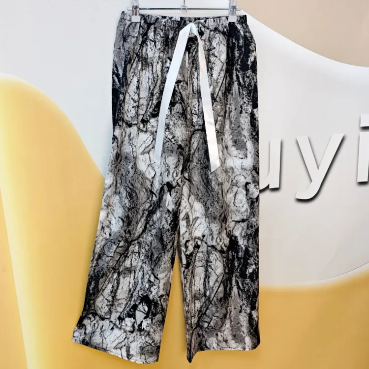 冰丝阔腿睡裤女妈妈夏季薄款绵绸垂感水墨画宽松休闲家居直筒长裤