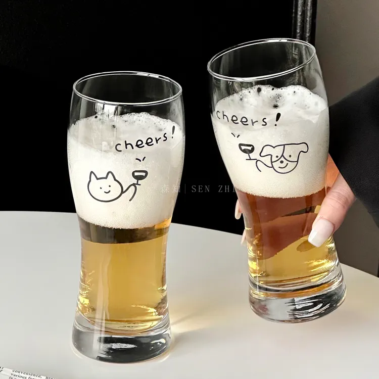 原创可爱猫狗扎啤杯大容量玻璃精酿小麦啤酒杯果汁杯饮料杯冷饮杯