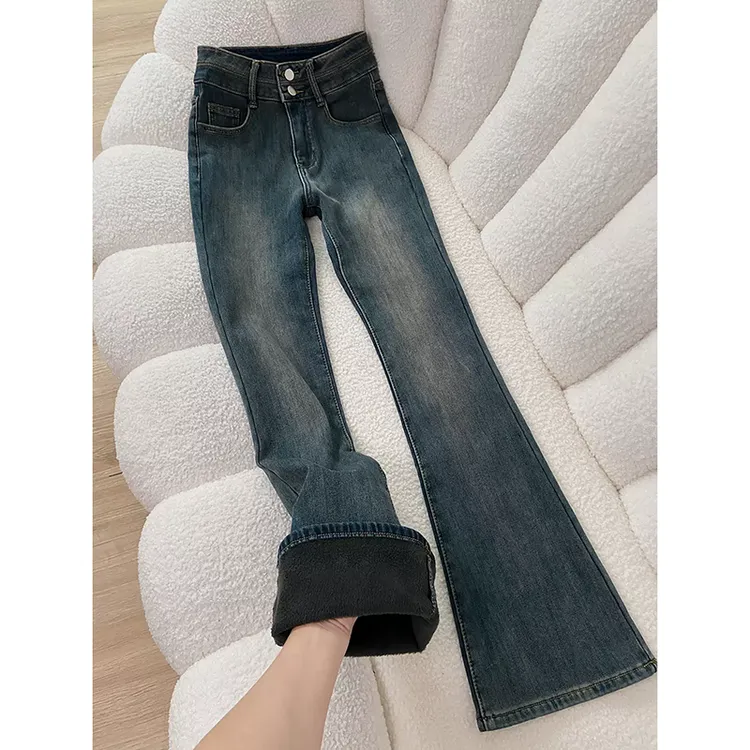 加绒不贴腿复古微喇牛仔裤女2025新款秋冬季高腰显瘦弹力喇叭裤子