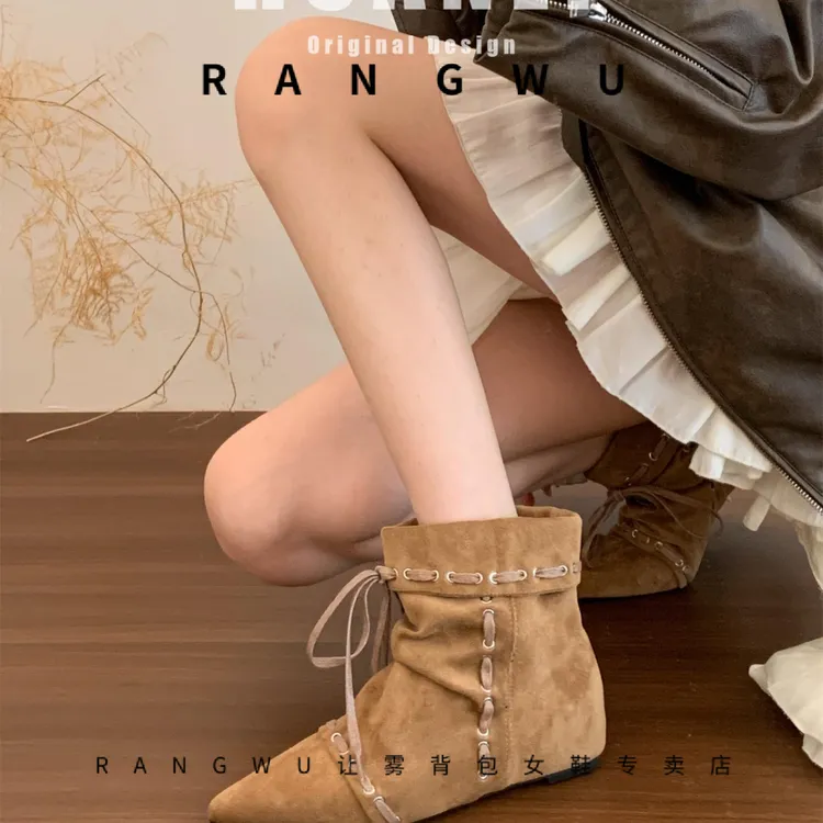 高跟百搭靴子褶皱尖头切尔西靴平底绑带2025厚底新款中筒美西部