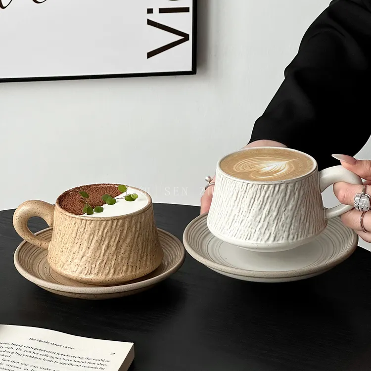 复古石纹陶瓷咖啡杯子高颜值创意拿铁杯拉花杯精致下午茶杯碟套装