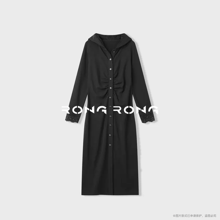 溶溶S【自在优雅】RONGRONG莫代尔拼接蕾丝褶皱收腰连衣裙C-S210997