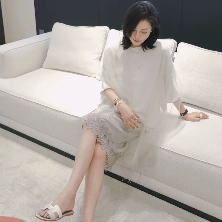PENNYPENG【黑标系列】浪漫满屋 弹力松紧腰气质真丝拼接蕾丝半裙