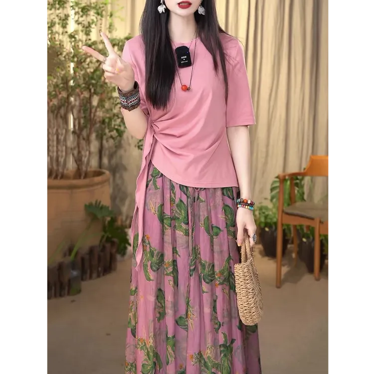 文艺复古套装女2025夏装新款设计感系带收腰显瘦上衣+印花半身裙