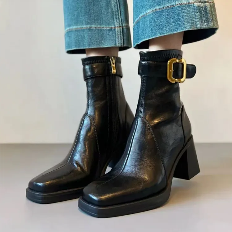 羊皮版厚底高跟靴子女2025新款方头马丁靴黑色通勤百搭气质短靴」