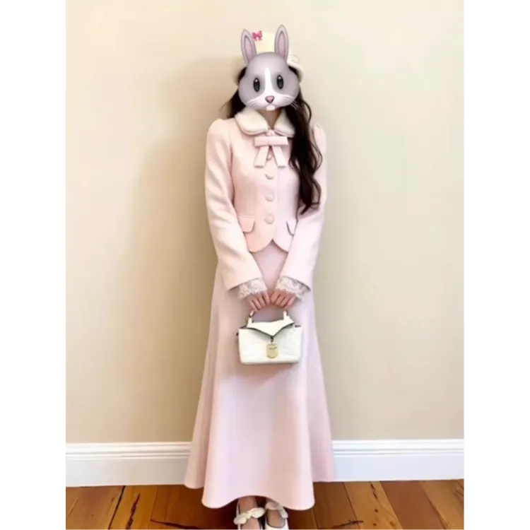 大码女装富家千金粉色小香风收腰毛呢外套半身裙套装13500