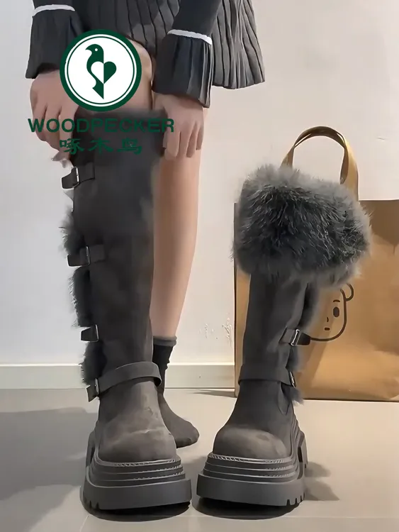 啄木鸟厚底加绒长靴女2025新款冬季显瘦增高毛毛雪地靴保暖棉鞋