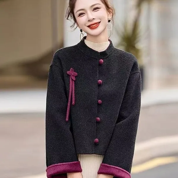 天悦 【100%绵羊毛】双面小香风新中式气质百搭秋冬短款066