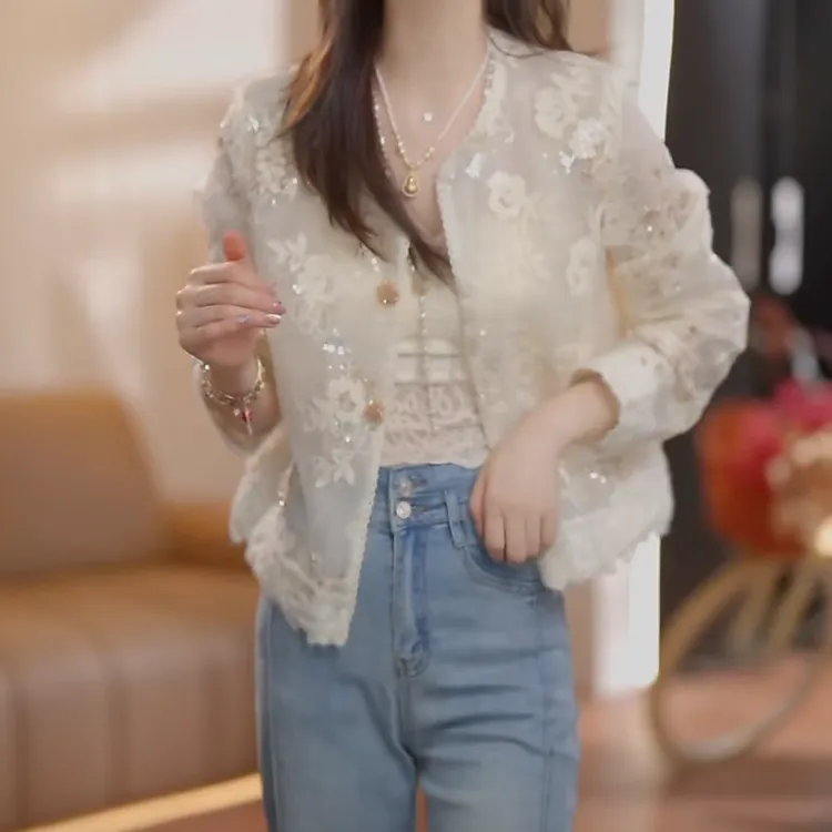 设计感重工蕾丝绣花轻奢开衫外套女2025春季新款时尚圆领长袖上衣