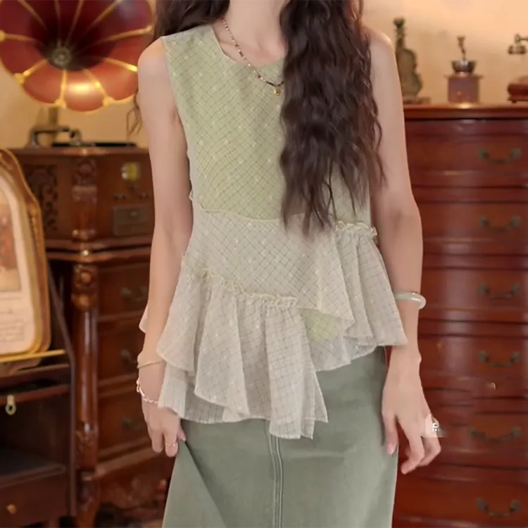 【池畔竹影】港风复古不规则拼接夏季百搭夏季衬衫C5757