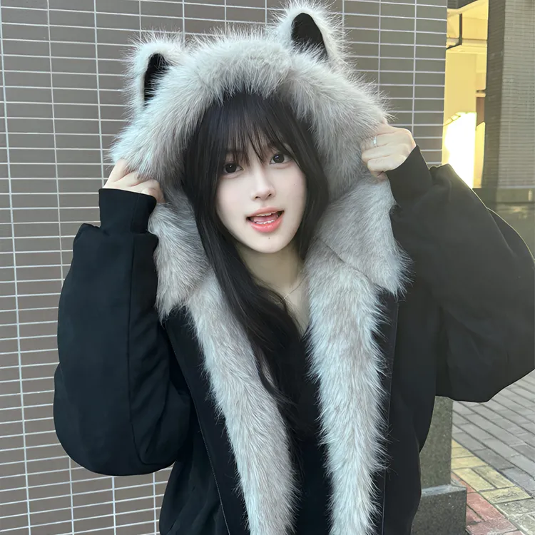 bofayalo美式复古猫耳朵座山雕外套男女冬季加厚毛领连帽情侣棉服