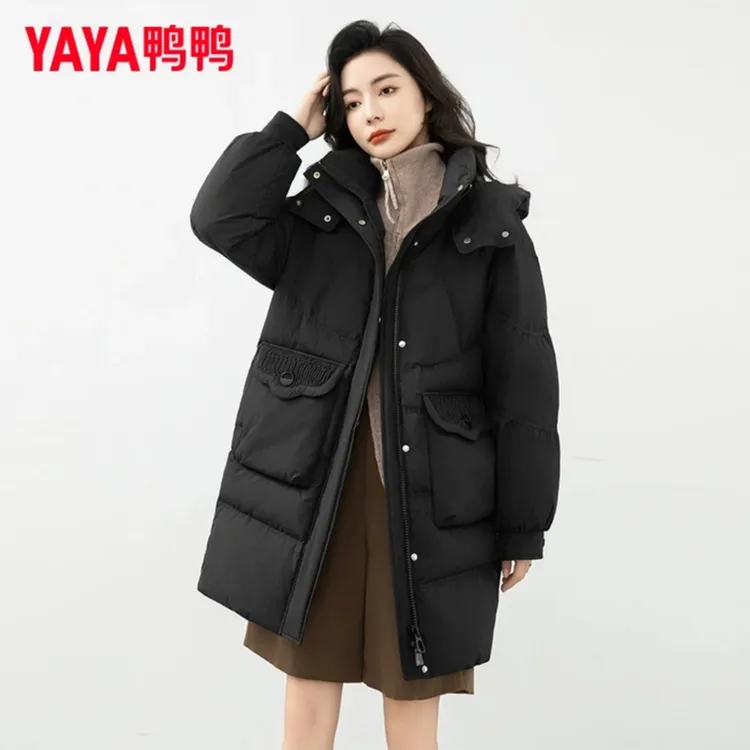 鸭鸭中长款羽绒服女新品时尚百搭连帽鸭绒厚外套YE3B635615L