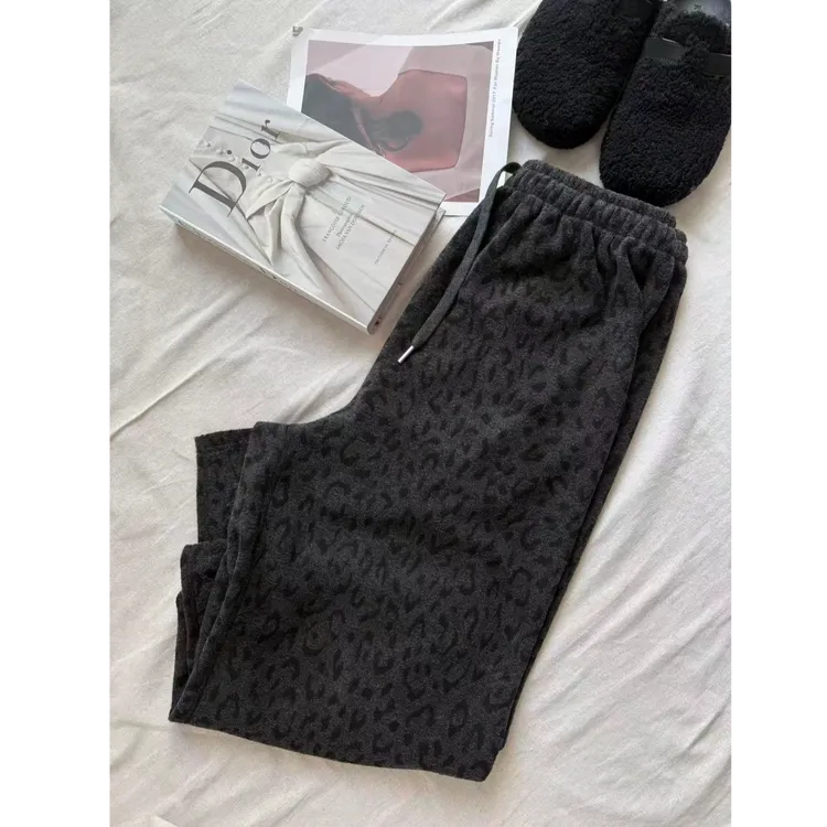 【瘦瘦】豹纹裤-大码绵羊毛桑蚕丝高腰松紧百搭无缝阔腿裤S02119
