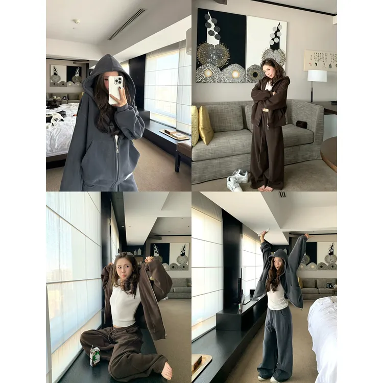 【秋秋专属】柔肤茸茸 高克重双面摇粒绒连帽卫衣弯刀裤套装C 9587#