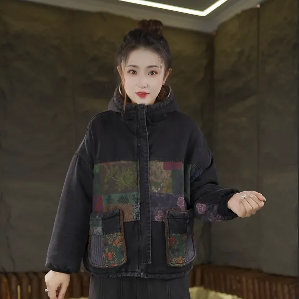 冬季新款加绒加棉加厚双面双穿复古连帽棉衣拼色牛仔外套2651-1