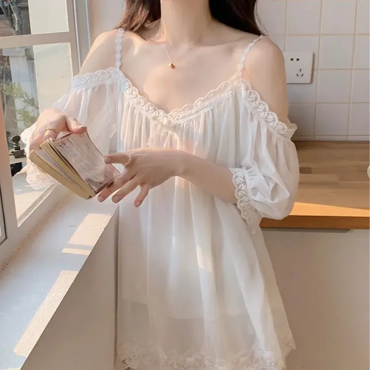 韩版蕾丝睡衣薄款白色套装长袖睡裙短裙夏季花边夏天家居服套装