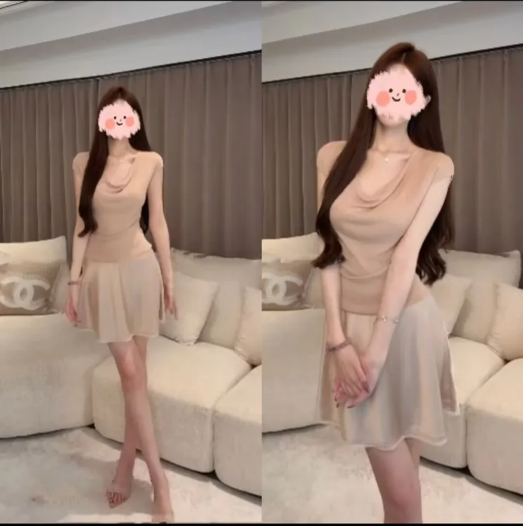 2025夏季新款纯欲风荡领不规则收腰t恤女显瘦高级感短款A字裙套装