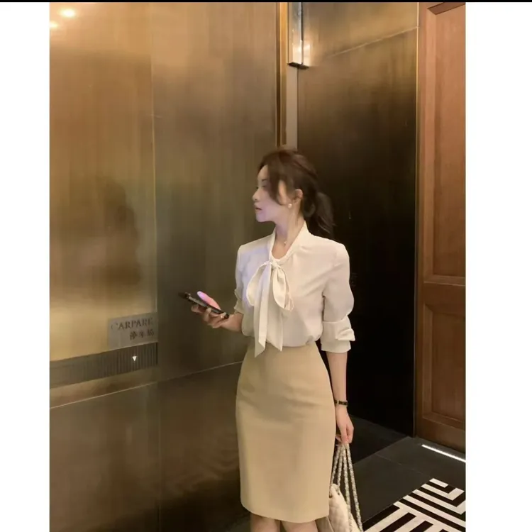 纯欲御姐职业套装女显瘦长袖衬衫+中高腰包臀半身裙套装2025春季