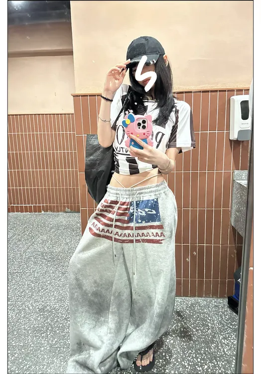 花生酱痞帅炸街风做旧脏染印花抽绳阔腿卫裤女秋宽松垂感裤子