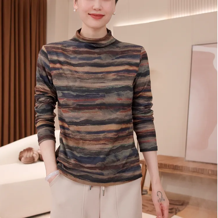 双面德绒印花半高领小衫离子发热德绒保暖长袖打底1122